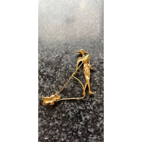 Vintage CAROLEE Signed Woman Walking Scottie Dog Brooch Pin Diamanté Crystals - Picture 5 of 7
